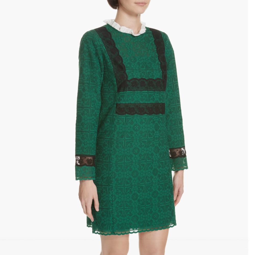 Sandro Emerald Green Lace Long Sleeve Dress with Black Trim